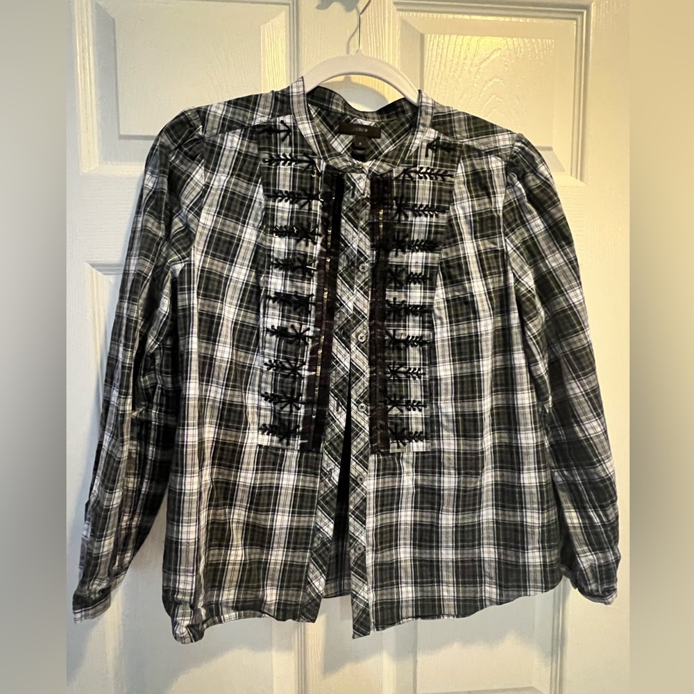 J Crew Dark Green Plaid Top 100% Cotton with Tiny Sequins Detail Size Small